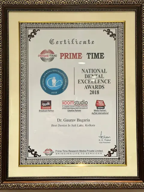 National Dental Excellence Awards 2018 certificate, Dr. Gaurav Bagaria